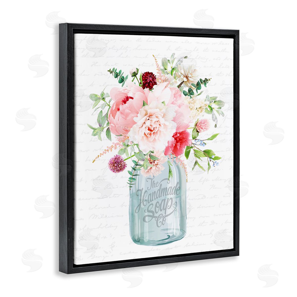 Lettered and Lined Bright Pink Floral Bouquet Cursive Script Pattern  Black Floating Frame Canvas Wall Art Print