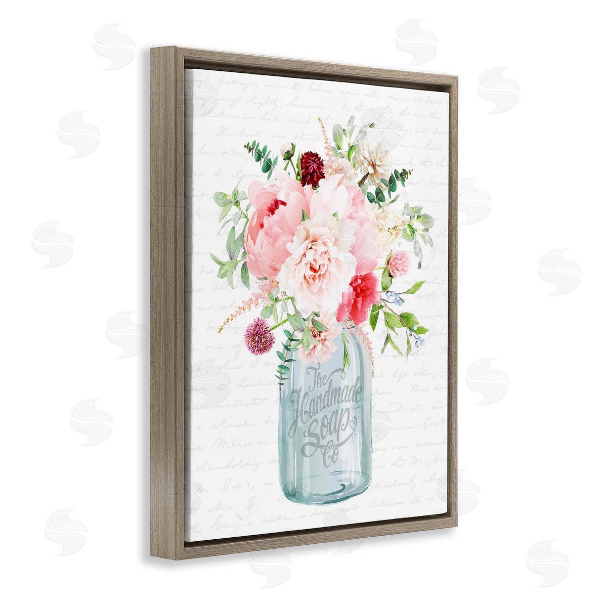 Lettered and Lined Bright Pink Floral Bouquet Cursive Script Pattern  Brown Floating Frame Canvas Wall Art Print