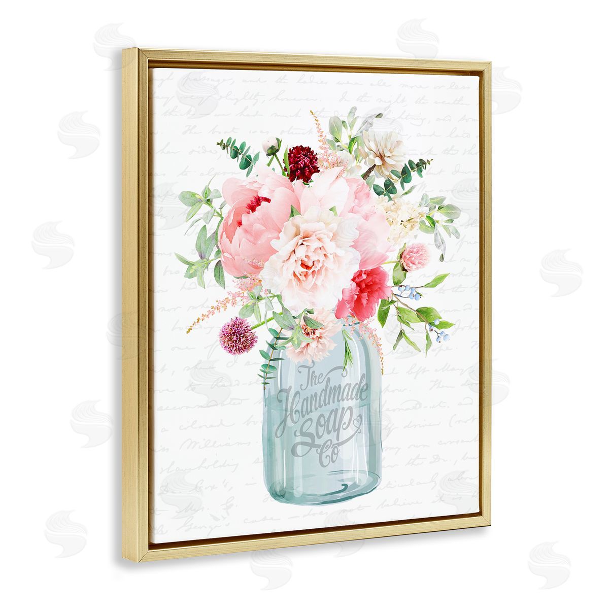 Lettered and Lined Bright Pink Floral Bouquet Cursive Script Pattern  Gold Floating Frame Canvas Wall Art Print