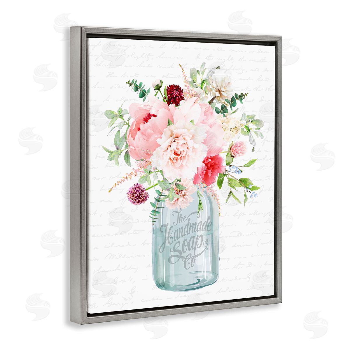 Lettered and Lined Bright Pink Floral Bouquet Cursive Script Pattern  Gray Floating Frame Canvas Wall Art Print