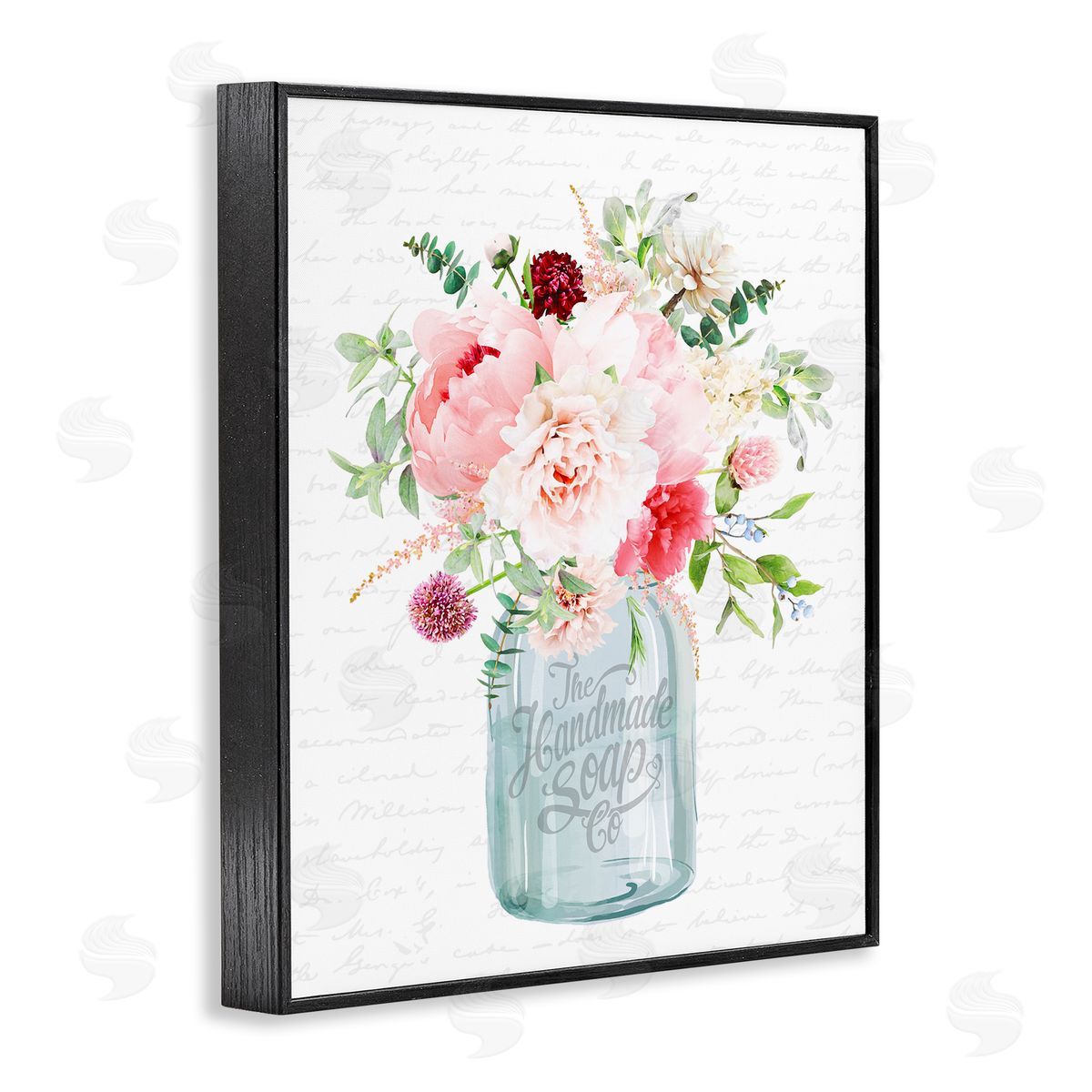 Lettered and Lined Bright Pink Floral Bouquet Cursive Script Pattern  Black Framed Giclee Wall Art Print