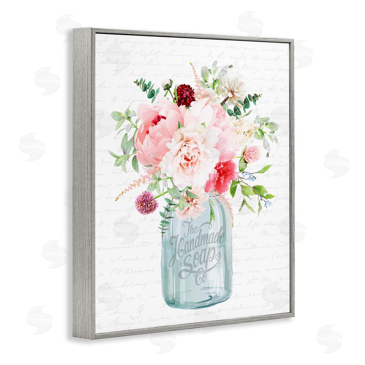 Lettered and Lined Bright Pink Floral Bouquet Cursive Script Pattern  Gray Framed Giclee Wall Art Print