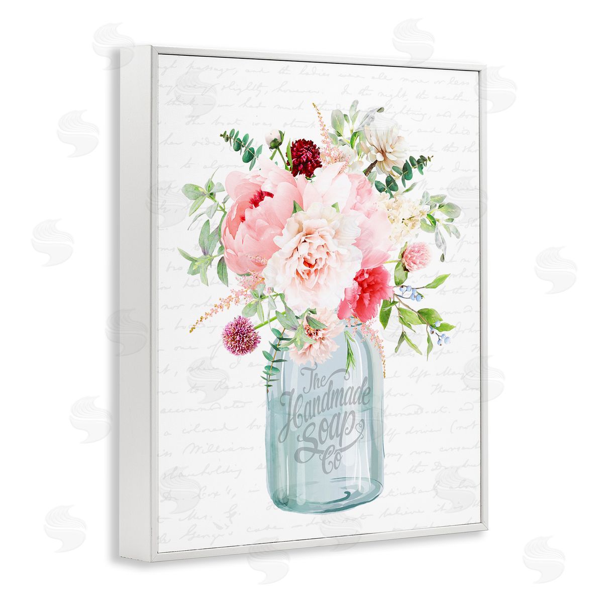 Lettered and Lined Bright Pink Floral Bouquet Cursive Script Pattern  White Framed Giclee Wall Art Print