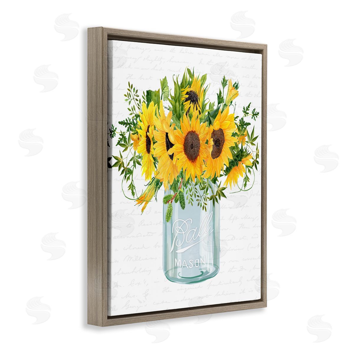Lettered and Lined Country Sunflowers Bouquet Vintage Script Text Pattern Brown Floating Frame Canvas Wall Art Print