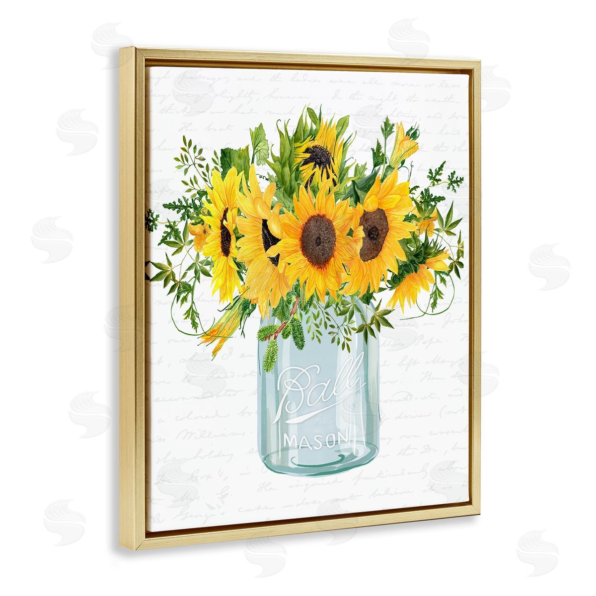 Lettered and Lined Country Sunflowers Bouquet Vintage Script Text Pattern Gold Floating Frame Canvas Wall Art Print