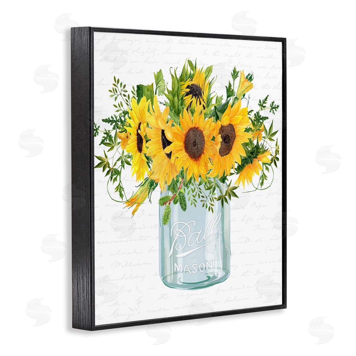 Lettered and Lined Country Sunflowers Bouquet Vintage Script Text Pattern Black Framed Giclee Wall Art Print