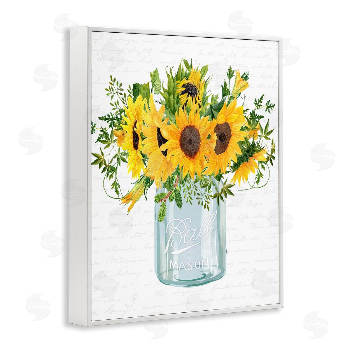 Lettered and Lined Country Sunflowers Bouquet Vintage Script Text Pattern White Framed Giclee Wall Art Print
