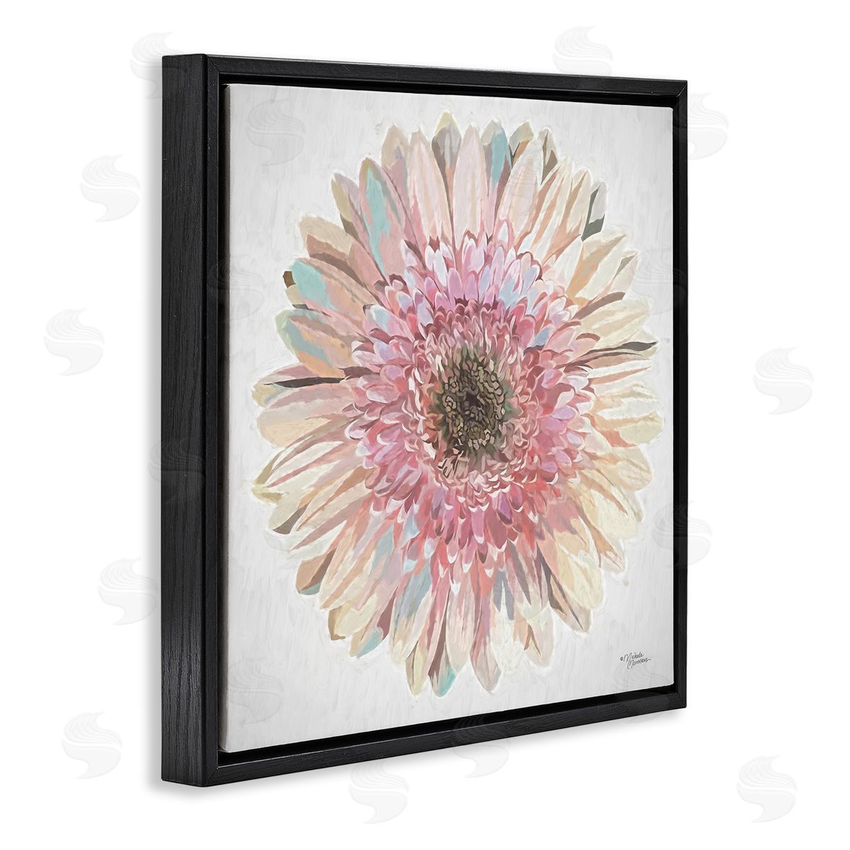 Michele Norman Round Daisy Petal Design Flower Blossom Illustration Black Floating Frame Canvas Wall Art Print