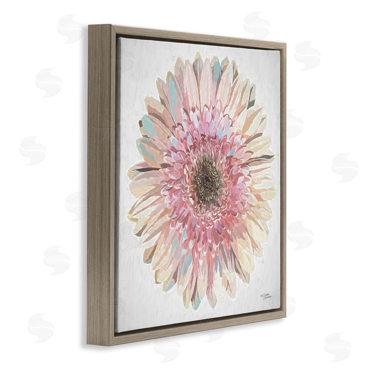 Michele Norman Round Daisy Petal Design Flower Blossom Illustration Brown Floating Frame Canvas Wall Art Print