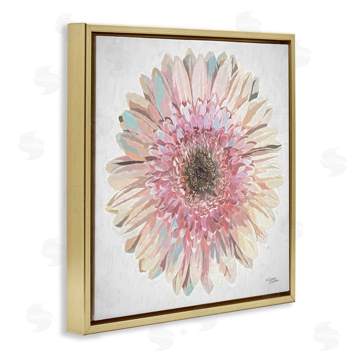Michele Norman Round Daisy Petal Design Flower Blossom Illustration Gold Floating Frame Canvas Wall Art Print