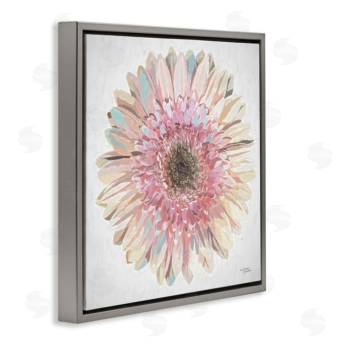 Michele Norman Round Daisy Petal Design Flower Blossom Illustration Gray Floating Frame Canvas Wall Art Print
