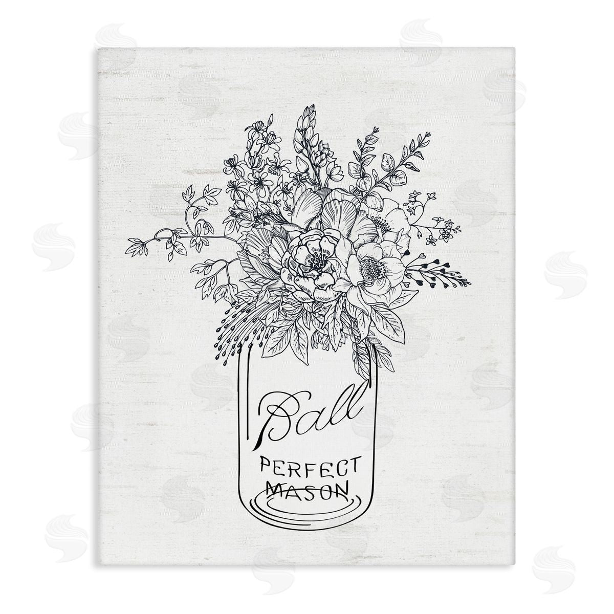 Lettered and Lined Detailed Flower Bouquet Outline Drawing Rustic Jar  Stretched Canvas Wall Art Print