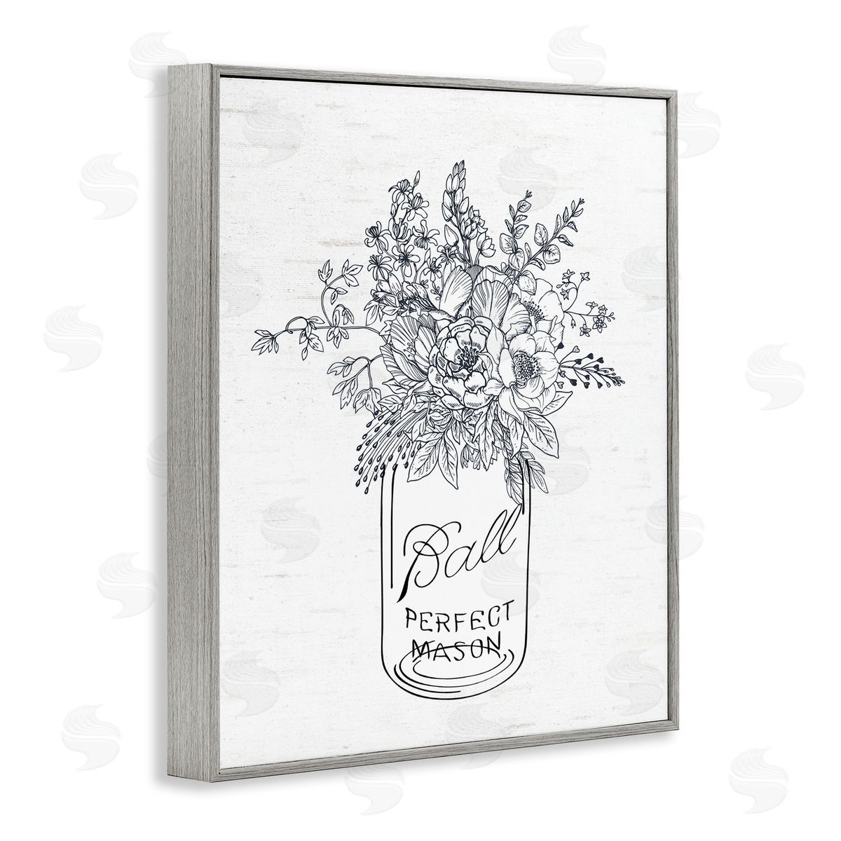 Lettered and Lined Detailed Flower Bouquet Outline Drawing Rustic Jar  Gray Framed Giclee Wall Art Print