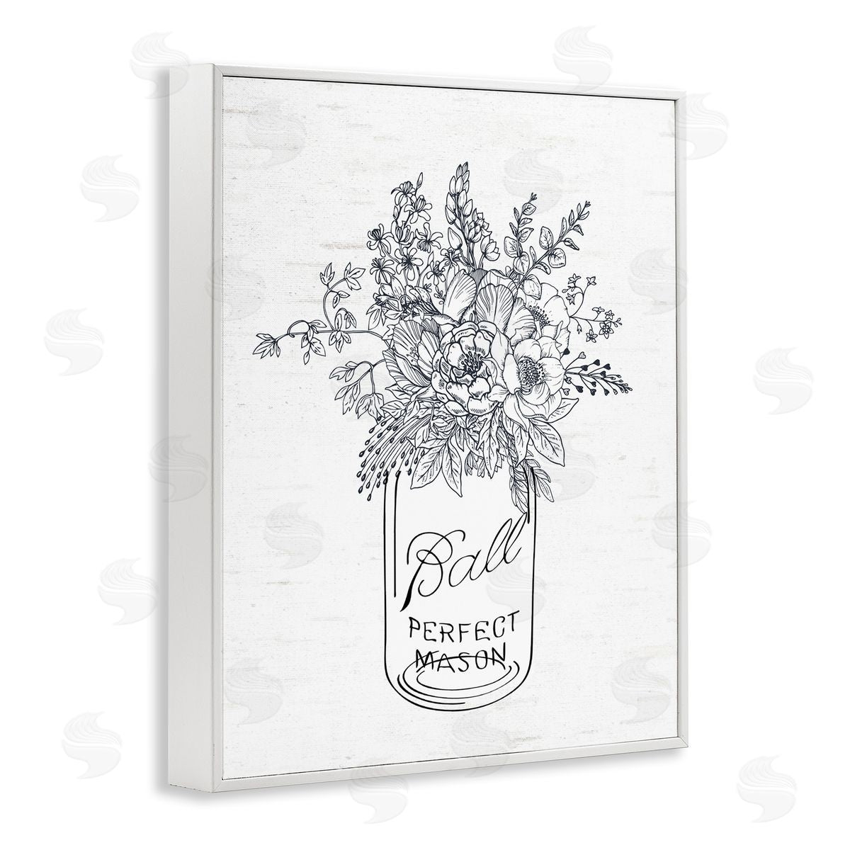 Lettered and Lined Detailed Flower Bouquet Outline Drawing Rustic Jar  White Framed Giclee Wall Art Print