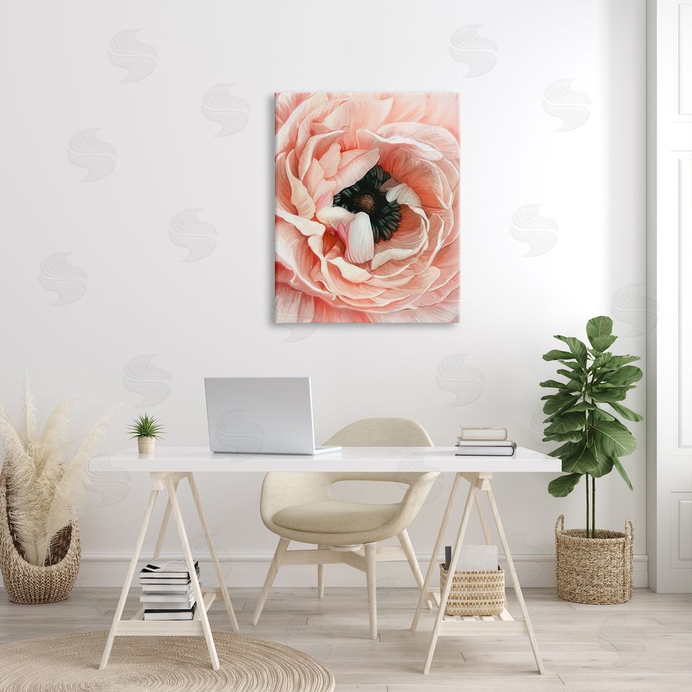 Ziwei Li Up Close Pink Peony Intricate Sunlit Petals Canvas Wall Art Print in Room