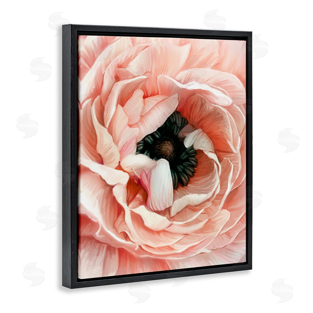Ziwei Li Up Close Pink Peony Intricate Sunlit Petals Black Floating Frame Canvas Wall Art Print