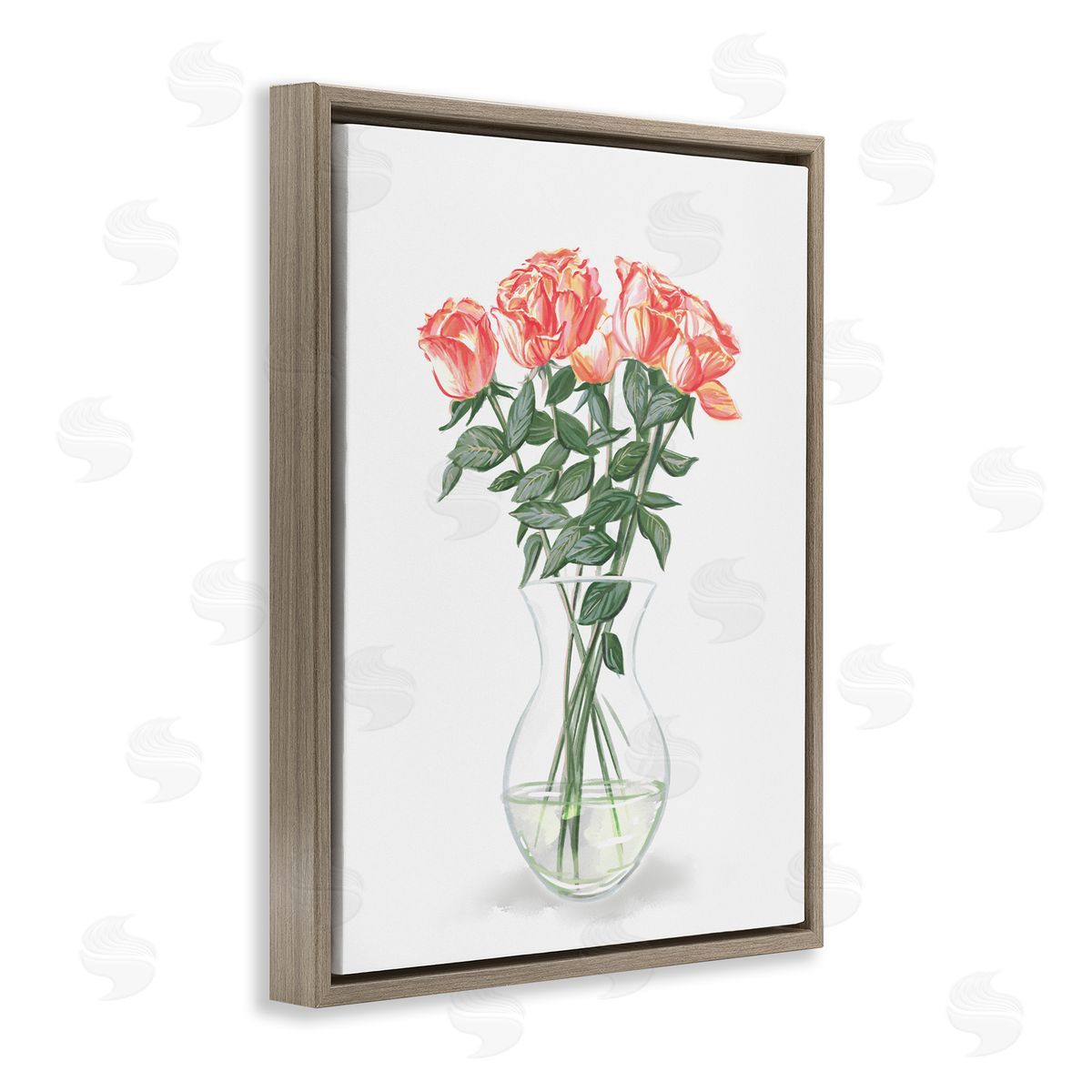 Ziwei Li Pink Rose Bouquet Glass Vase Still Life Brown Floating Frame Canvas Wall Art Print