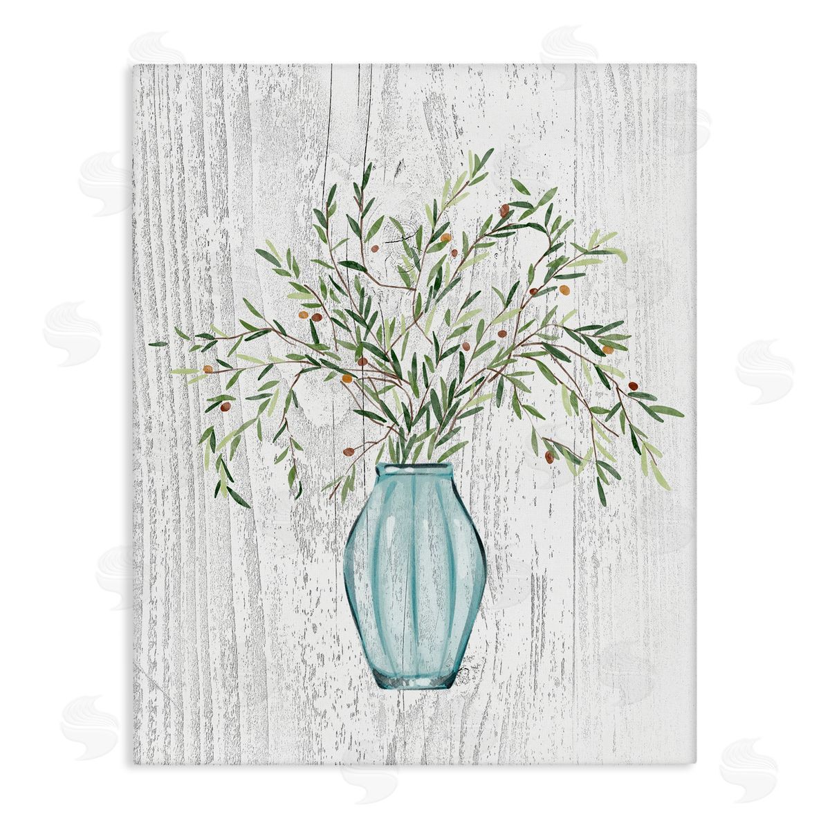 Ziwei Li Rustic Herbs Plants Budding Blue Glass Vase  Stretched Canvas Wall Art Print