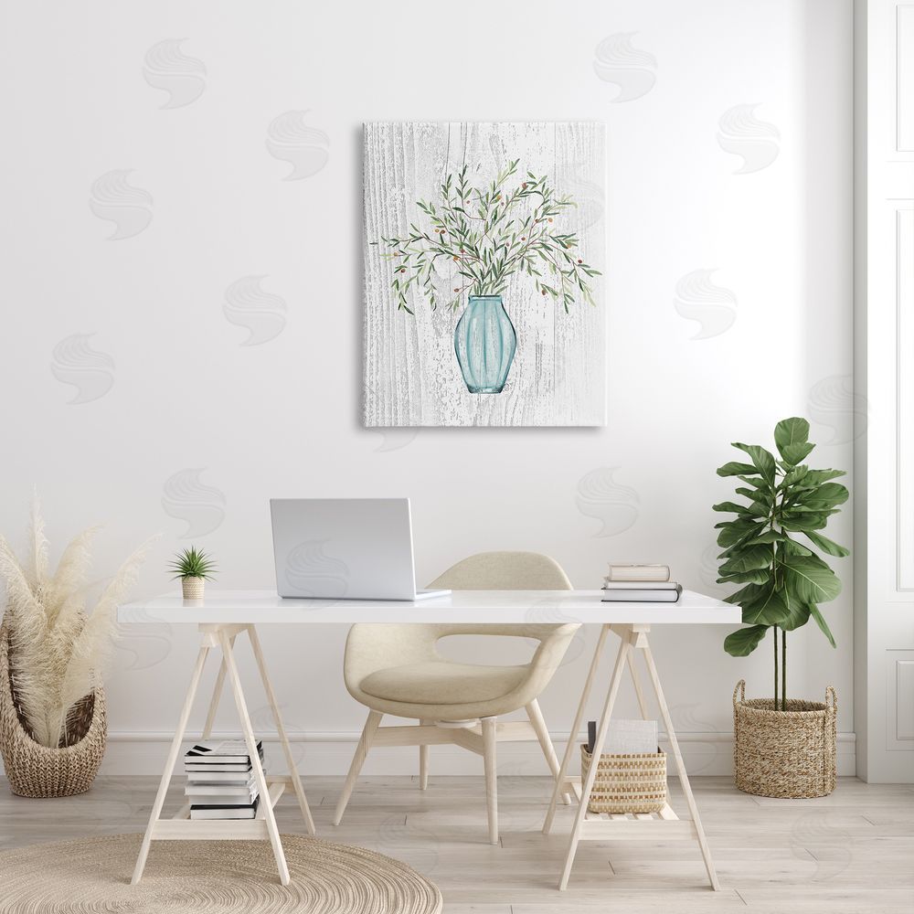 Ziwei Li Rustic Herbs Plants Budding Blue Glass Vase  Canvas Wall Art Print in Room