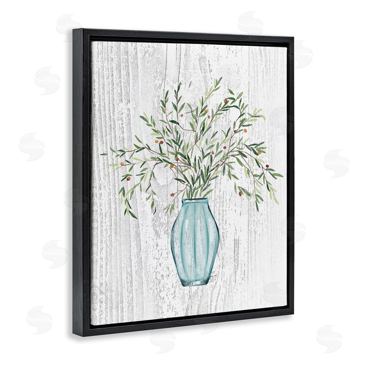 Ziwei Li Rustic Herbs Plants Budding Blue Glass Vase  Black Floating Frame Canvas Wall Art Print