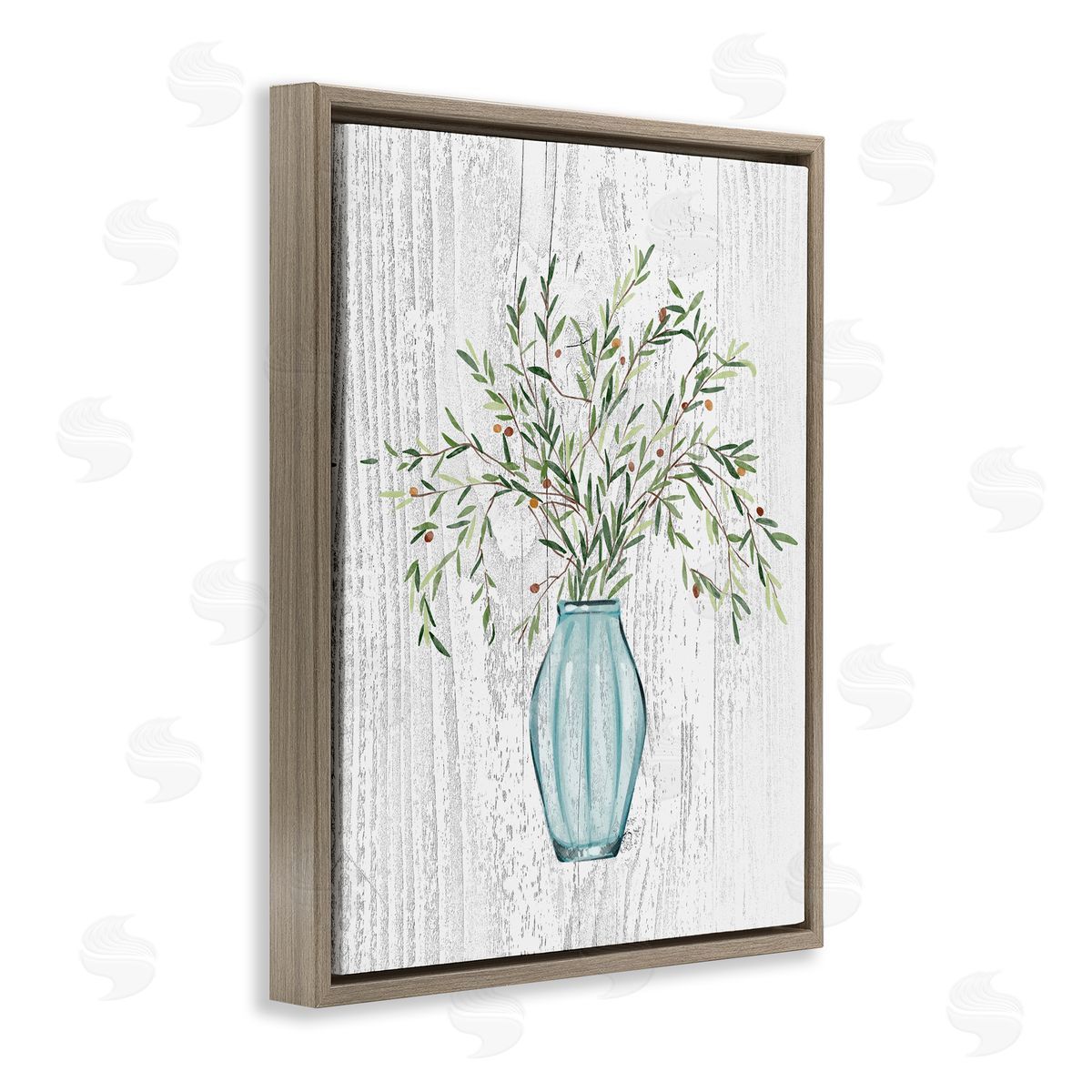 Ziwei Li Rustic Herbs Plants Budding Blue Glass Vase  Brown Floating Frame Canvas Wall Art Print