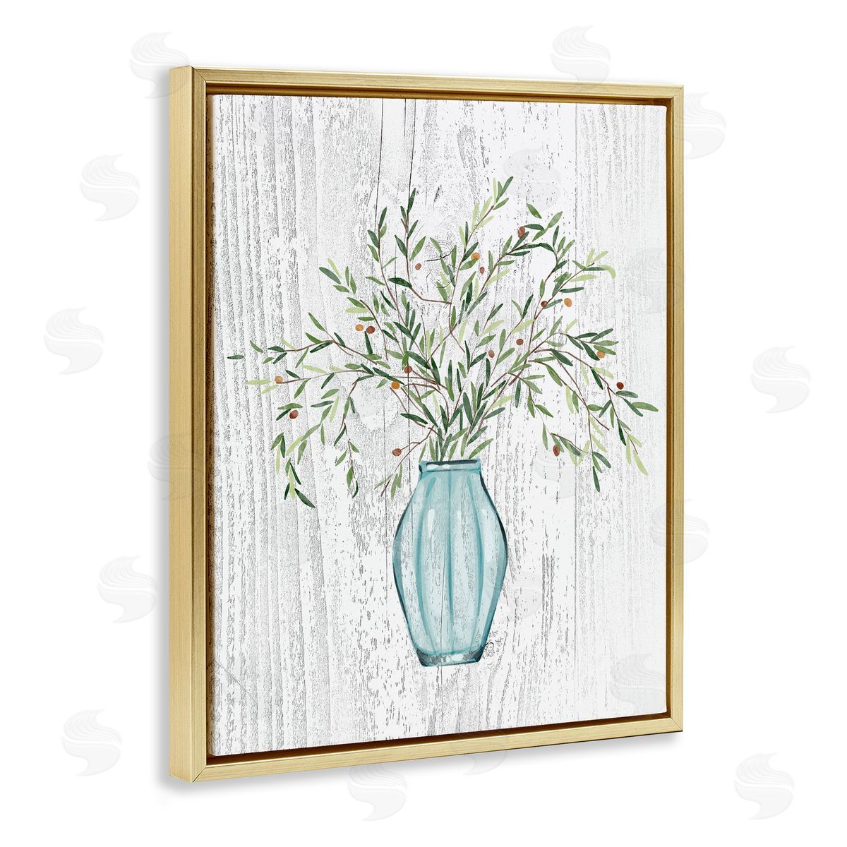 Ziwei Li Rustic Herbs Plants Budding Blue Glass Vase  Gold Floating Frame Canvas Wall Art Print