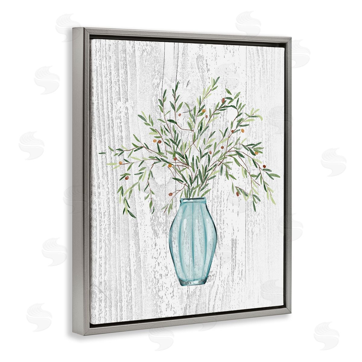 Ziwei Li Rustic Herbs Plants Budding Blue Glass Vase  Gray Floating Frame Canvas Wall Art Print
