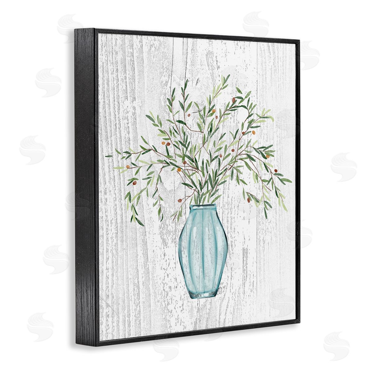 Ziwei Li Rustic Herbs Plants Budding Blue Glass Vase  Black Framed Giclee Wall Art Print