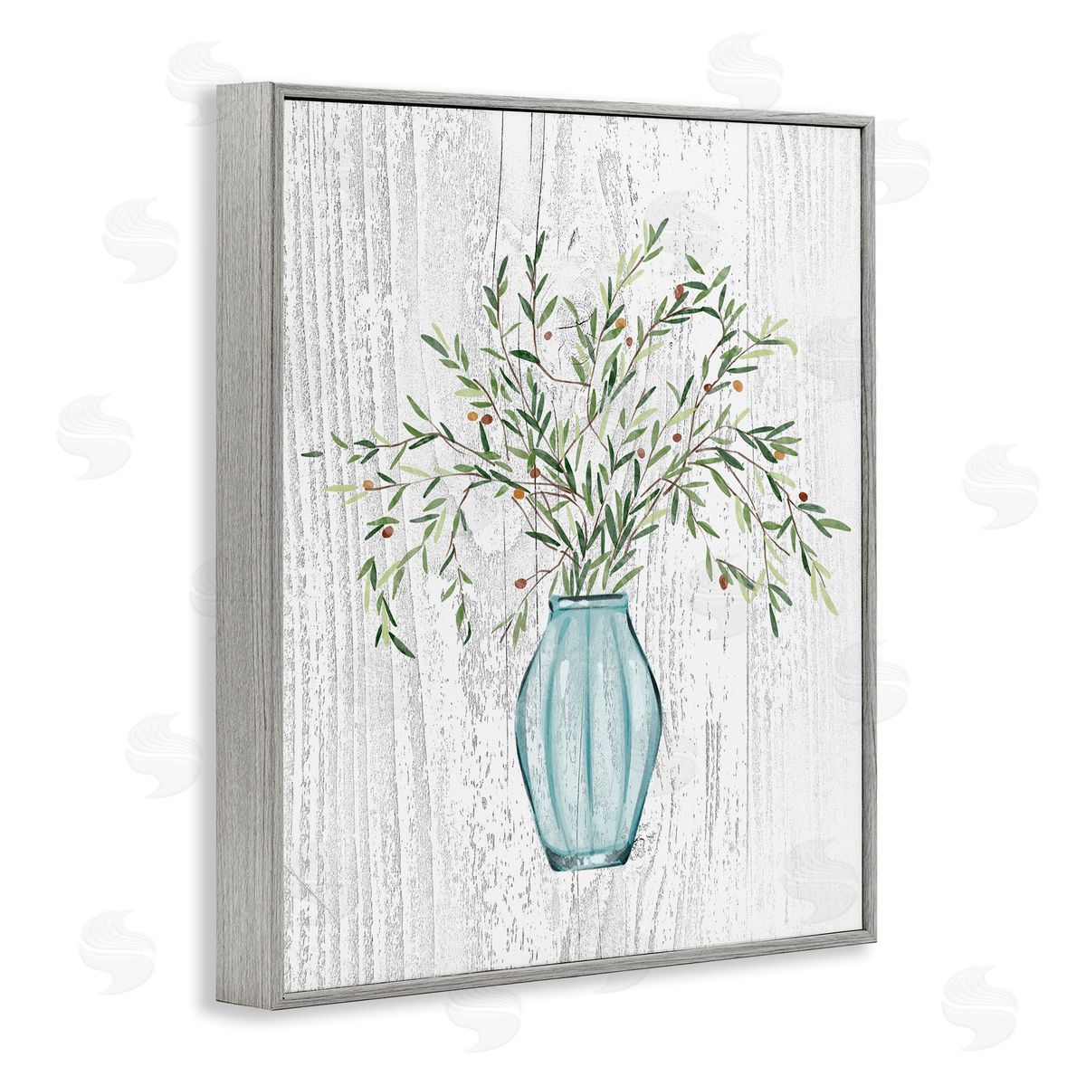 Ziwei Li Rustic Herbs Plants Budding Blue Glass Vase  Gray Framed Giclee Wall Art Print
