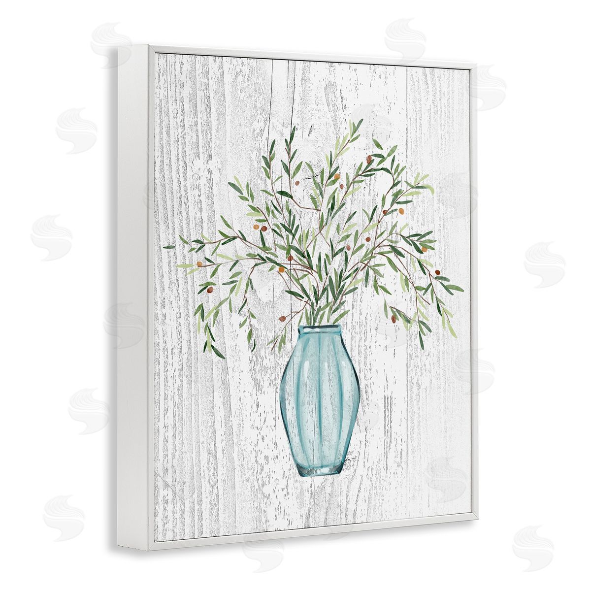 Ziwei Li Rustic Herbs Plants Budding Blue Glass Vase  White Framed Giclee Wall Art Print