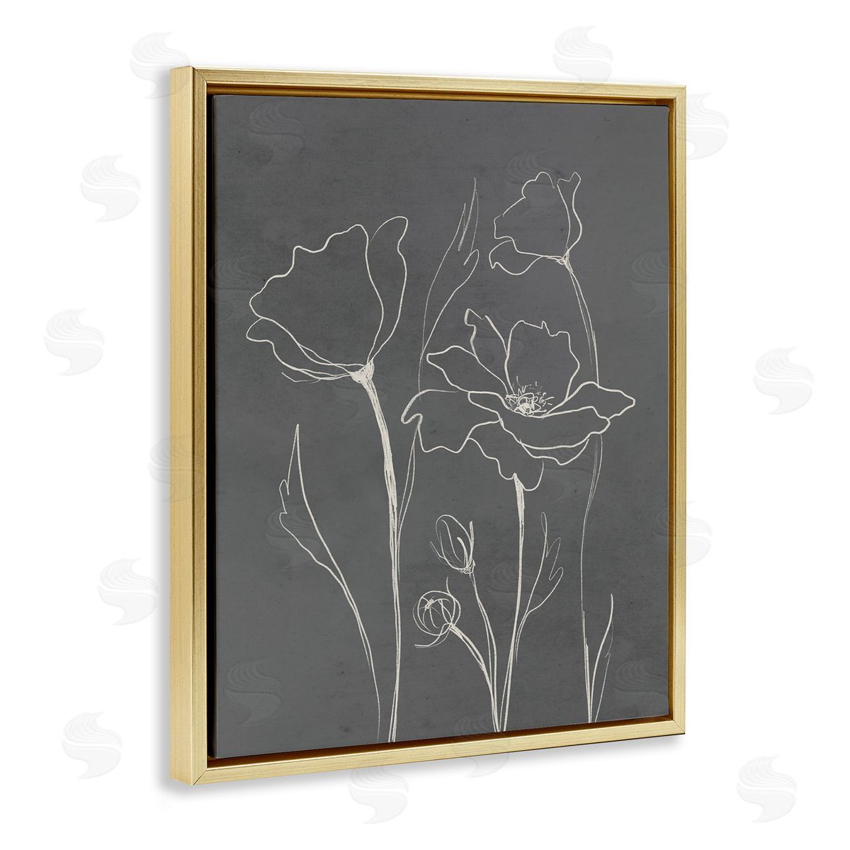 Elizabeth Medley Blooming Flower Buds Casual Grey Line Doodle  Gold Floating Frame Canvas Wall Art Print