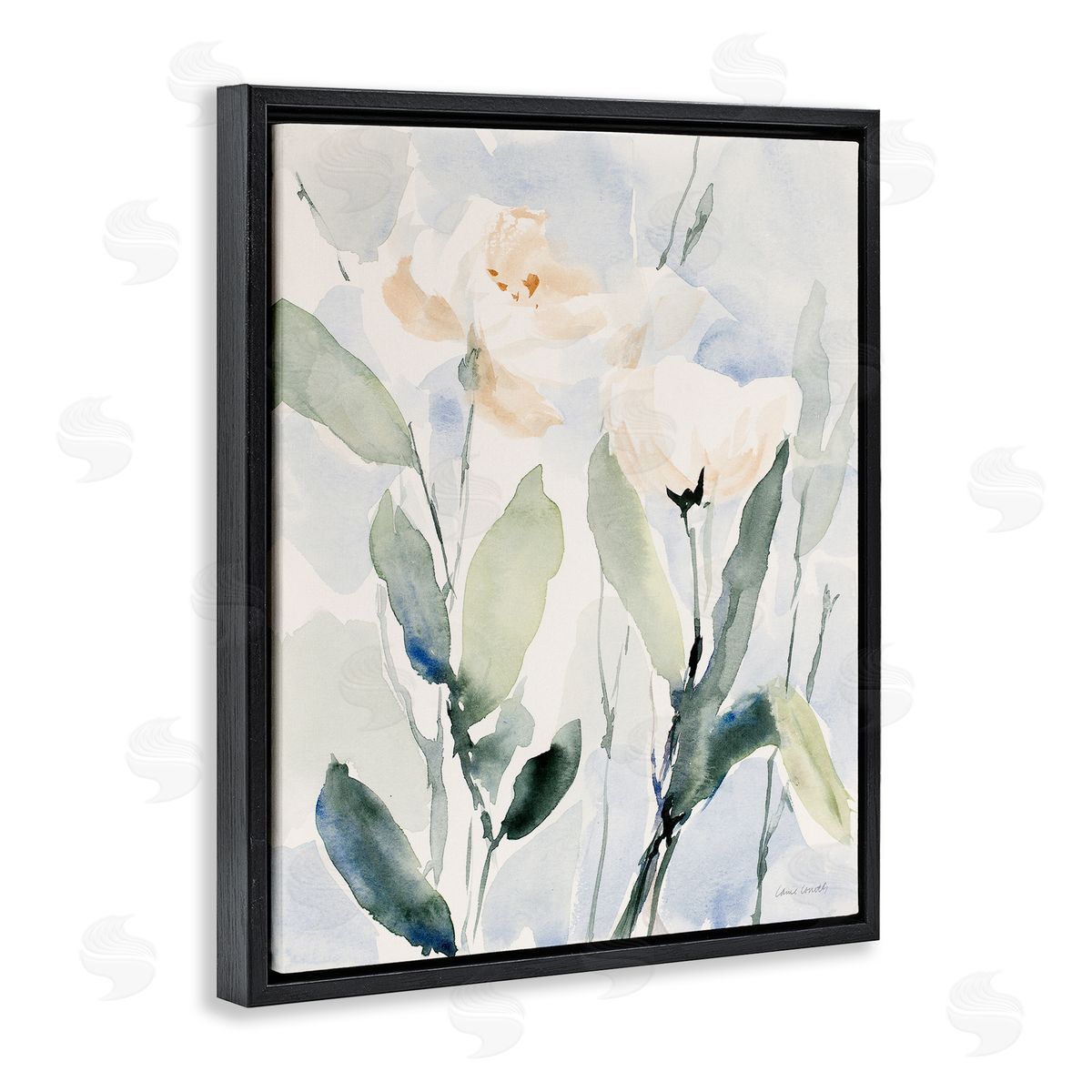 Lanie Loreth Traditional White Flower Blossoms Watercolor Detail  Black Floating Frame Canvas Wall Art Print