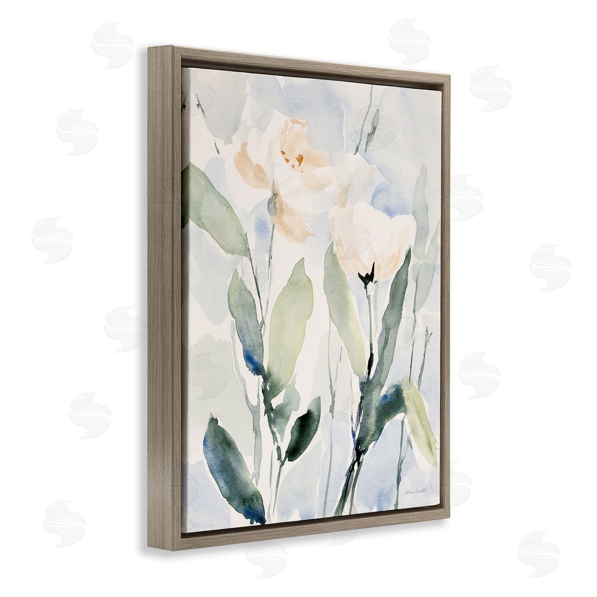 Lanie Loreth Traditional White Flower Blossoms Watercolor Detail  Brown Floating Frame Canvas Wall Art Print