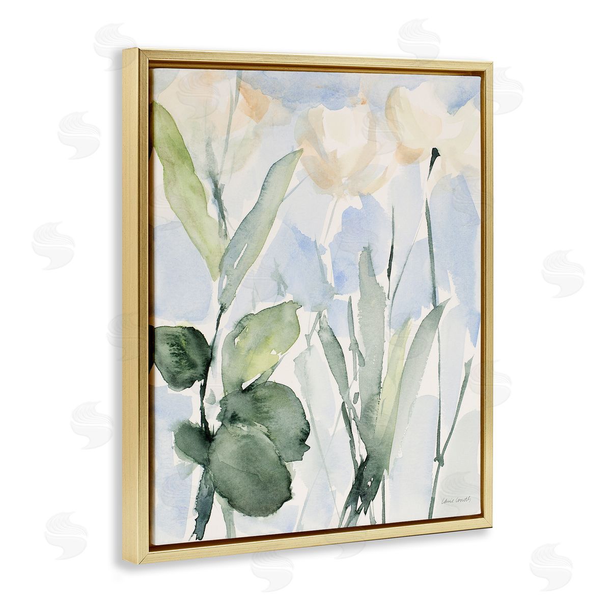 Lanie Loreth Abstract White Flowers Leaves Watercolor Effect Brushstrokes  Gold Floating Frame Canvas Wall Art Print