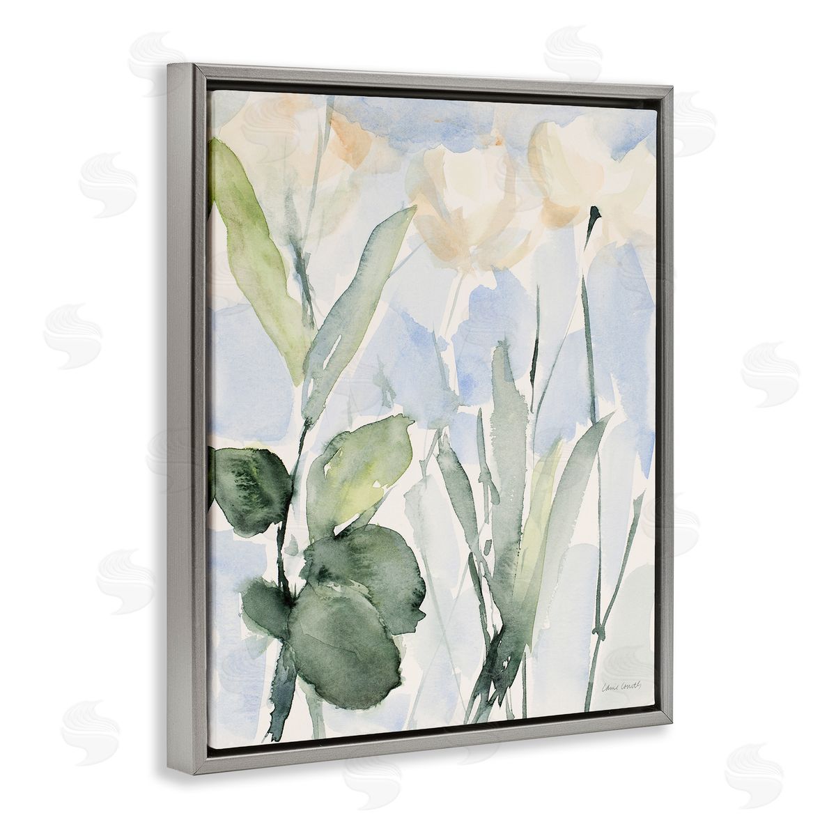 Lanie Loreth Abstract White Flowers Leaves Watercolor Effect Brushstrokes  Gray Floating Frame Canvas Wall Art Print