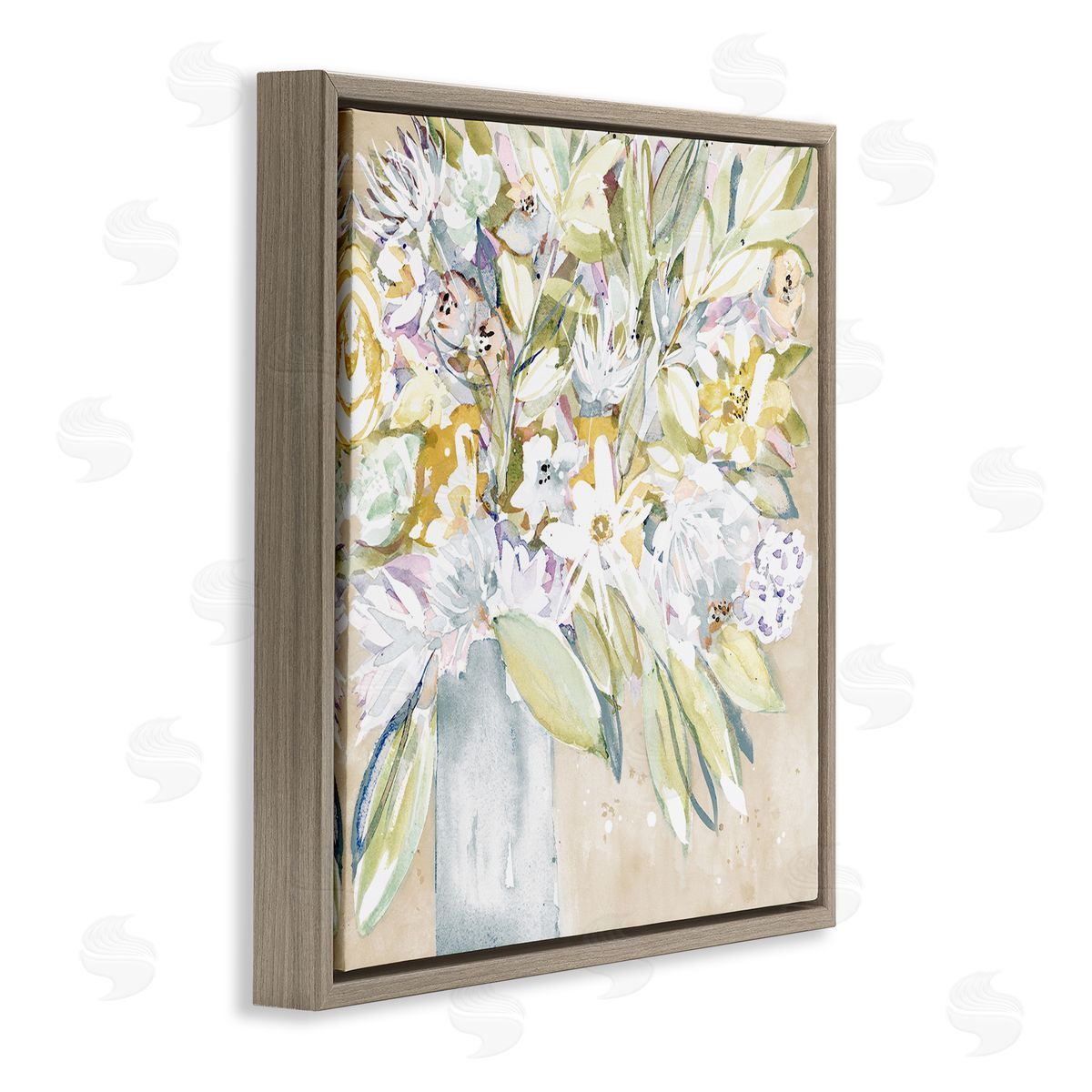 Krinlox Full Varied Floral Arrangement White Petals Vase  Brown Floating Frame Canvas Wall Art Print
