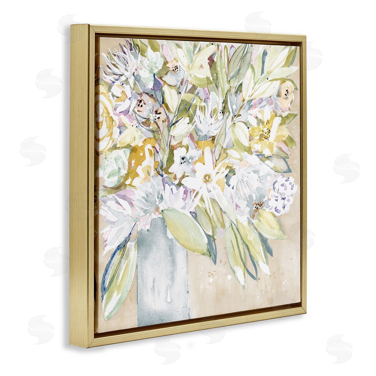 Krinlox Full Varied Floral Arrangement White Petals Vase  Gold Floating Frame Canvas Wall Art Print
