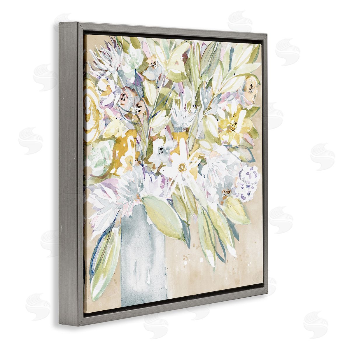 Krinlox Full Varied Floral Arrangement White Petals Vase  Gray Floating Frame Canvas Wall Art Print
