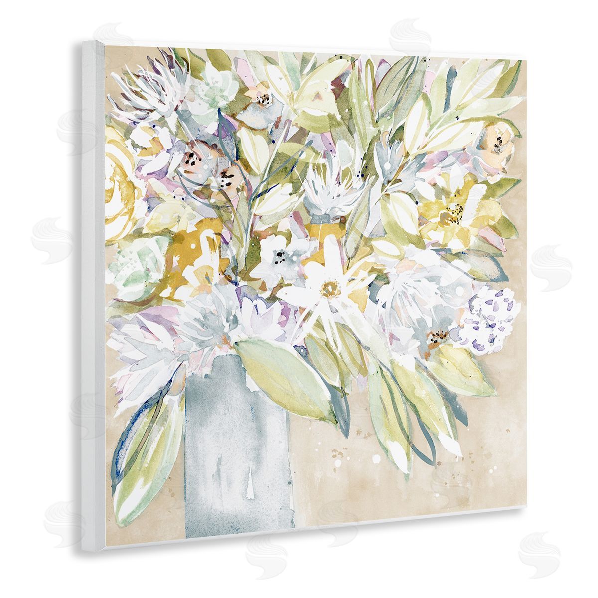 Krinlox Full Varied Floral Arrangement White Petals Vase  Wooden Wall Plaque Art Print