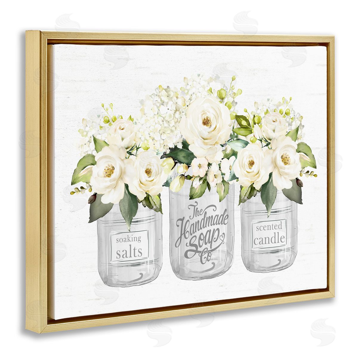 Lettered and Lined White Roses Blooming Country Rustic Candle Jars  Gold Floating Frame Canvas Wall Art Print