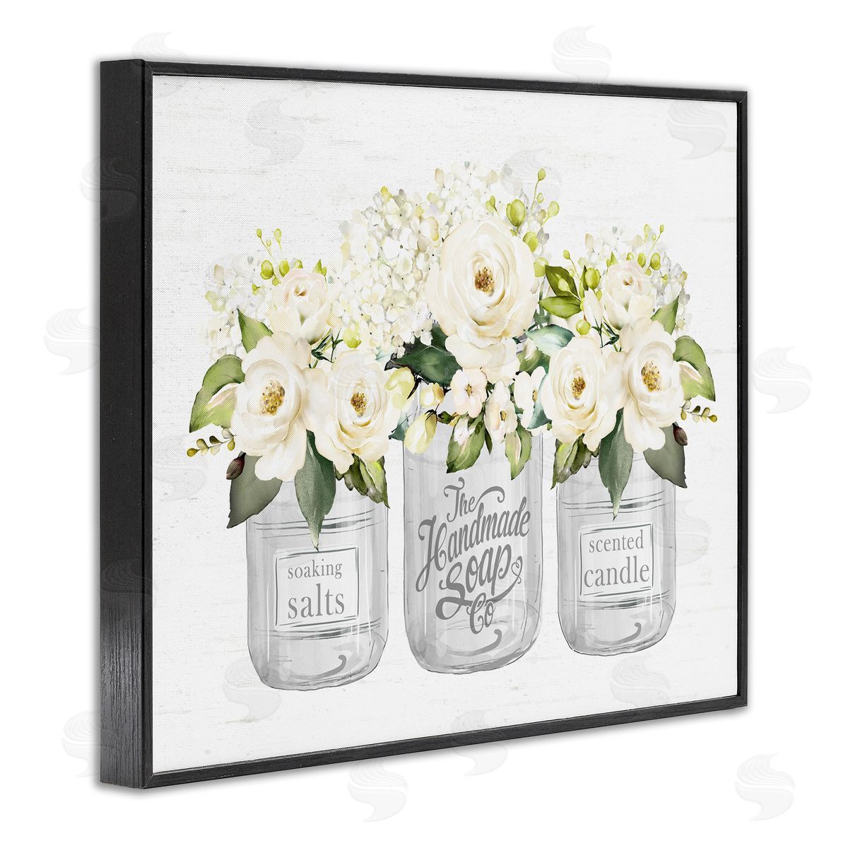 Lettered and Lined White Roses Blooming Country Rustic Candle Jars  Black Framed Giclee Wall Art Print