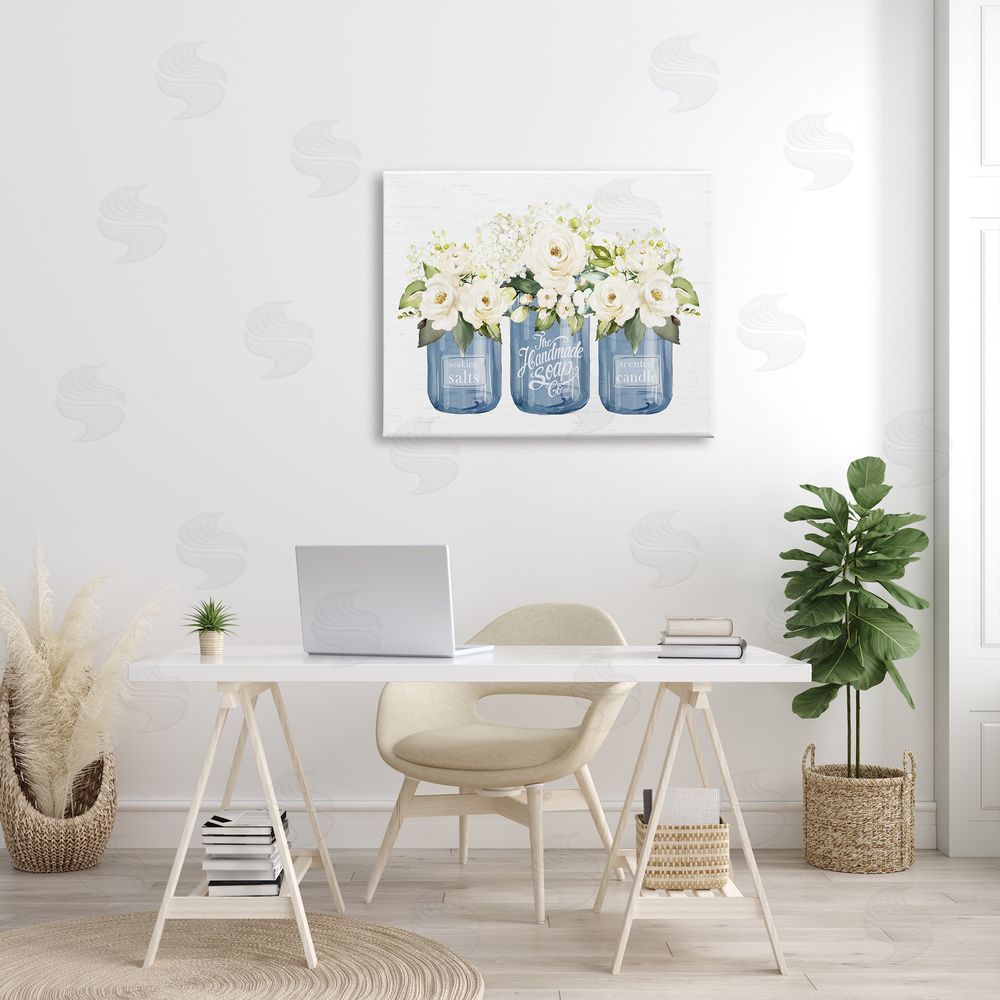 Lettered and Lined White Rose Flower Bouquets Blue Farmhouse Jars Canvas Wall Art Print in Room