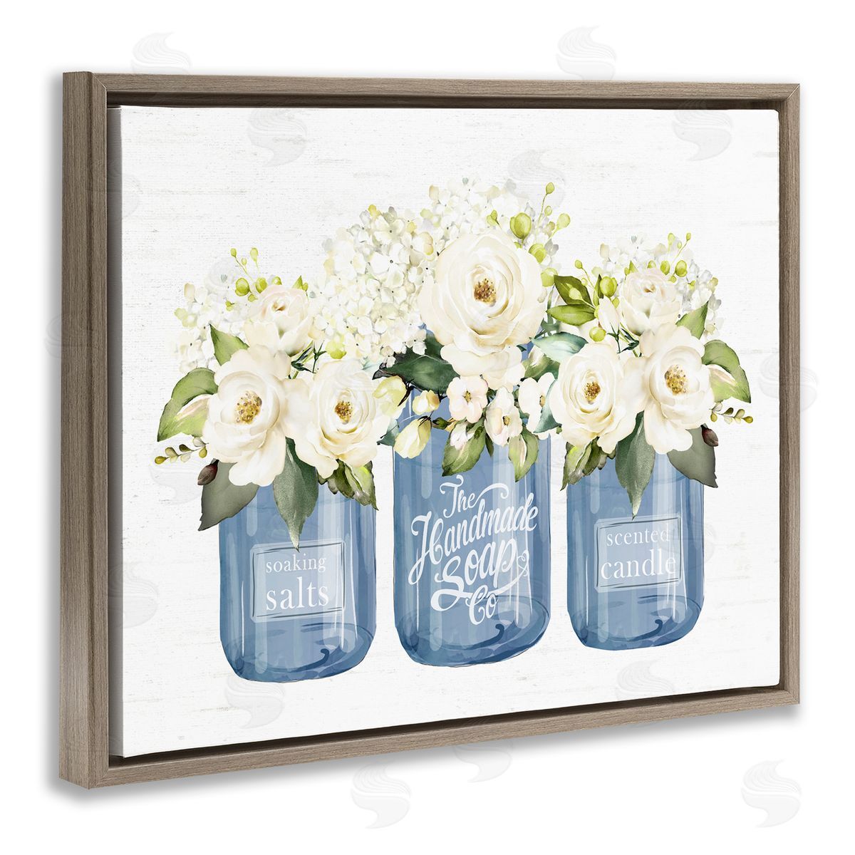 Lettered and Lined White Rose Flower Bouquets Blue Farmhouse Jars Brown Floating Frame Canvas Wall Art Print