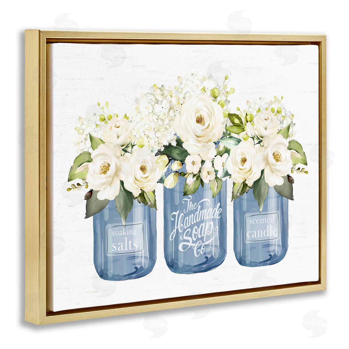 Lettered and Lined White Rose Flower Bouquets Blue Farmhouse Jars Gold Floating Frame Canvas Wall Art Print