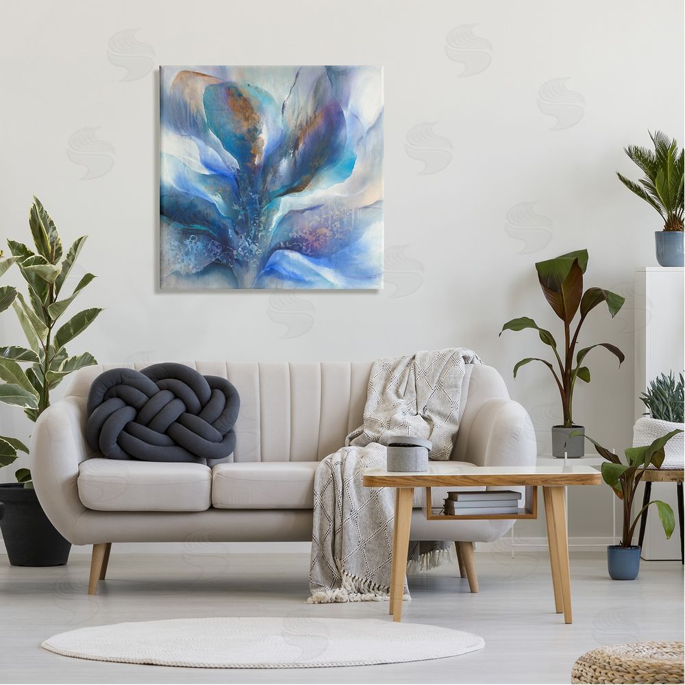K. Nari Abstract Blue Petals Fluid Modern Botanical Design Canvas Wall Art in Room