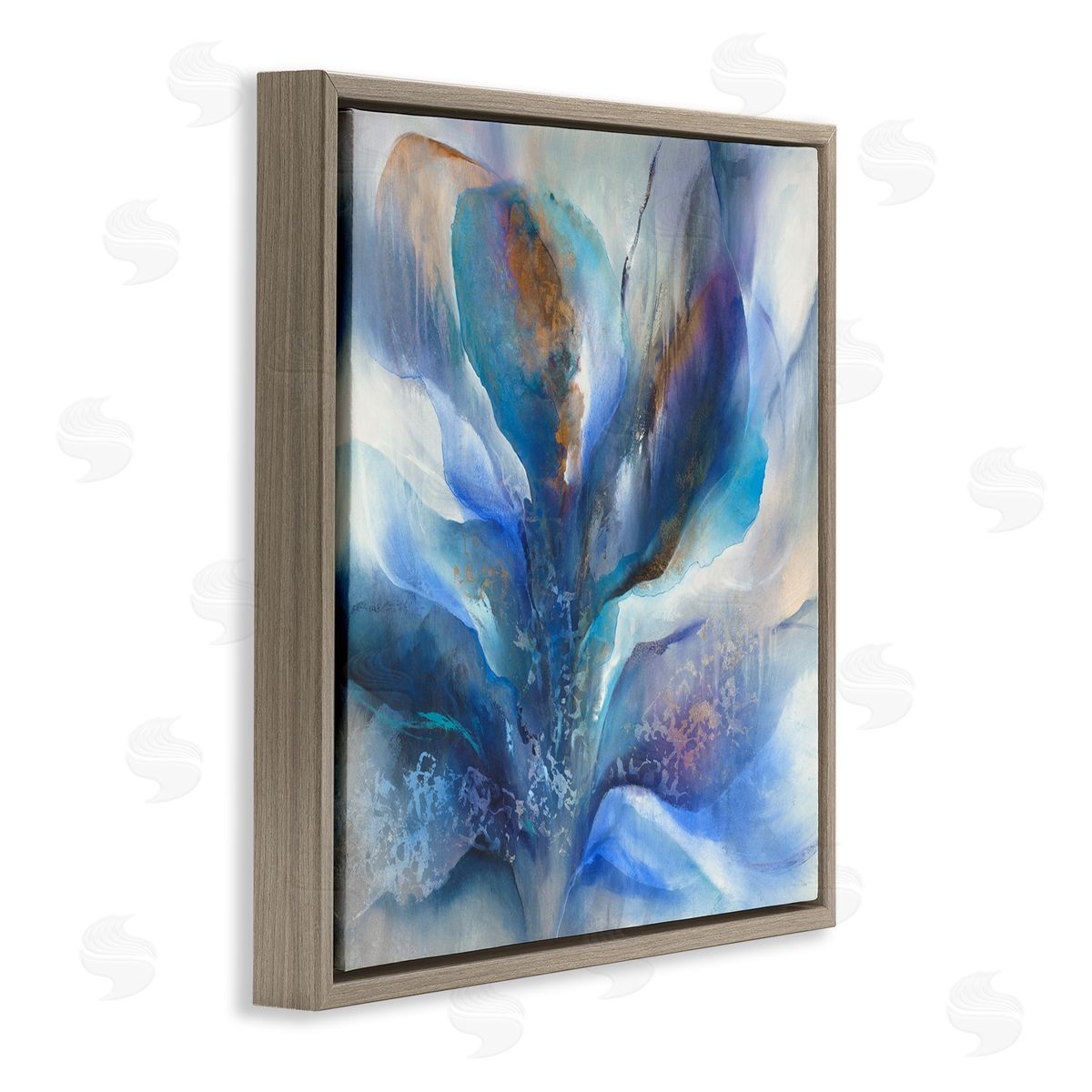 K. Nari Abstract Blue Petals Fluid Modern Botanical Design Brown Floating Frame Canvas Wall Art Print