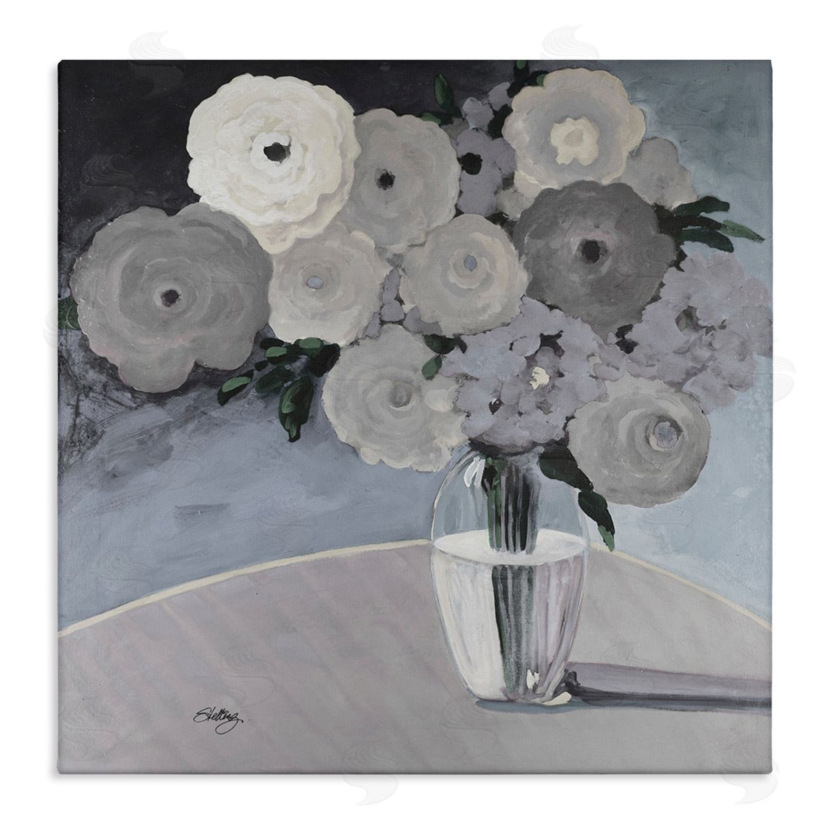 Steling Round Slate Flower Blossoms Arrangement Still Life Stretched Canvas Wall Art Print