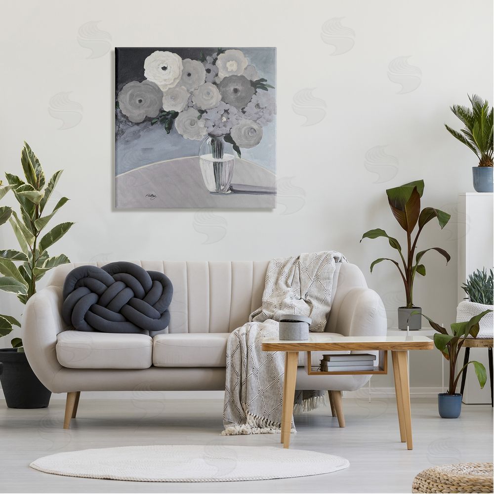Steling Round Slate Flower Blossoms Arrangement Still Life Canvas Wall Art in Room