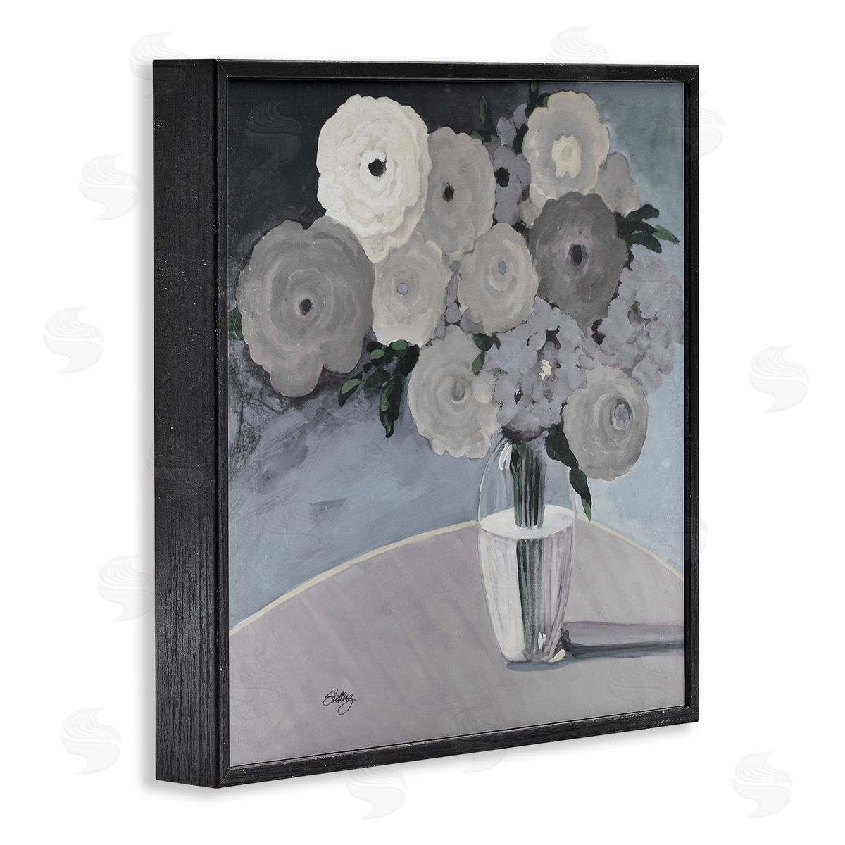 Steling Round Slate Flower Blossoms Arrangement Still Life Black Framed Glicee Wall Art Print