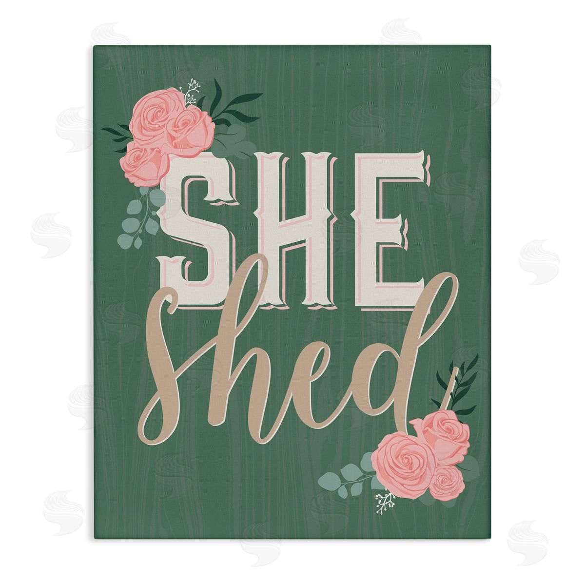 Angela Nickeas She Shed Floral Pink Rose Calligraphy Sign Stretched Canvas Wall Art Print